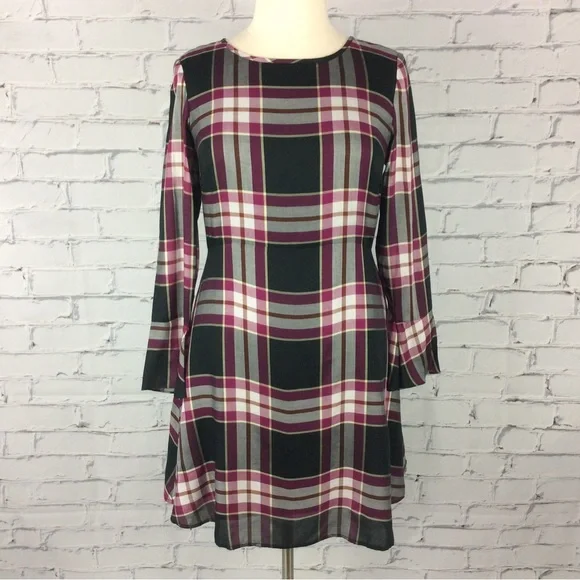 Loft Plaid Tie Back Dress, Size 12 - Picture 3 of 14